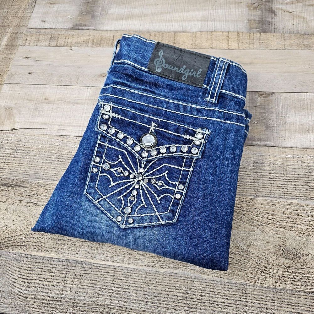 Soundgirl Jeans Size 7 Blue Denim Studded Embellished Flap Pockets Distressed